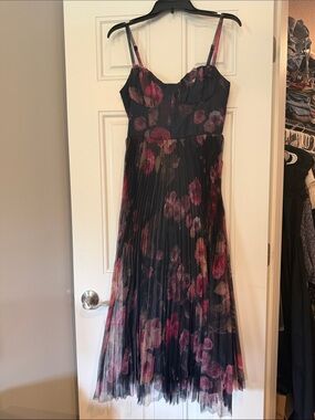 Lulu's Navy Blue Floral Pleated Midi Dress with Pink Accents